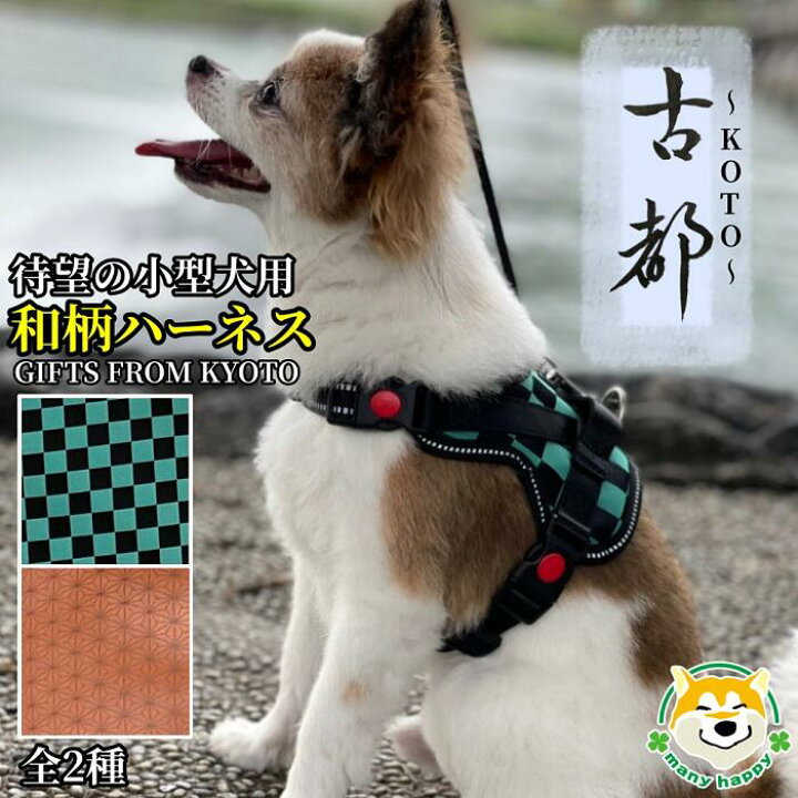 楽天市場 小型犬用 犬 ハーネス 和柄 古都 背中に乗せてカチッと留めるだけ 胴輪 引っ張り防止 緑色 桃色 外れ防止 お出かけ キャンプ おめでたい柄 西陣織 メッシュ 夜間反射板ステッチ ベルト長さ調節可能 市松 麻の葉 チワワ トイプードル パピヨン 豆柴 柴犬