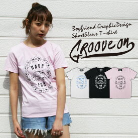 【20%OFF】 【ネコポス便発送可能】 Tシャツ プリントTシャツ レディース 女性用 半袖 バックプリント プリント クルーネック 丸首 トップス インナー カットソー カジュアル ストリート系 サーフ系 ブランド GROOVE ON グルーブオン 綿100％ ロゴ 海 M L お揃い ペア