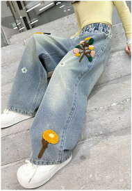 送料無料 女の子 デニムパンツ 春秋 子供服 ジーンズ ボトムス キッズ ワイドパンツ おしゃれ 刺繍花柄 学生 デニム ロングパンツ 可愛い 演出 散歩 発表会 入学式 旅行 小学生 中学生 ジュニア 普段着 楽天海外通販