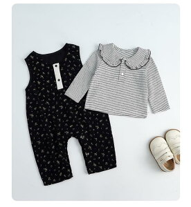 【送料無料】ベビー服 2点セット ベビー セットアップ 女の子 サロペット パンツ 長袖ブラウス 新生児 赤ちゃん 花柄 春 秋 長袖 丸襟 襟付き 花 子供服 オーバーオール お出かけ 普段着 入学