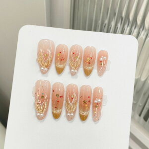 送料無料 ネイルチップ 10枚入り キャットアイ パール 星 人魚 キラキラ ゴールド ロング 透明 貼るネイル つけ爪 淡い アートチップ デザインチップ 付け爪 結婚式 披露宴 成人式 ウエディン