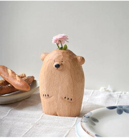 手作りの木彫りクマのフラワーベース,クリエイティブな無垢材の花の花瓶の装飾,花のある暮らし