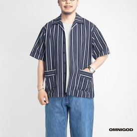 【セール】OMNIGOD オムニゴッド インディゴストライプ オープンカラー半袖シャツ セットアップ対応 日本製 メンズ