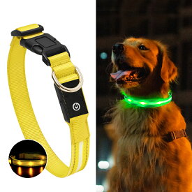犬用光る首輪【イエロー：S〜L】3種類のLED点滅パターン ペット 夜間散歩 ライト USB充電 防水・防塵 ABSバックル