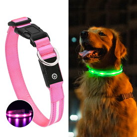 犬用光る首輪【ピンク：S〜L】3種類のLED点滅パターン ペット 夜間散歩 ライト USB充電 防水・防塵 ABSバックル