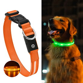 犬用光る首輪【オレンジ：S〜L】3種類のLED点滅パターン ペット 夜間散歩 ライト USB充電 防水・防塵 ABSバックル