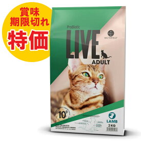 訳あり2024年9月26日 期限切れ特価50パーセントOFF ProBiotic LIVE 成猫用 ラム2kg 特許取得 機能性スーパープレミアムキャットフード プロバイオティック ライブ 生きた善玉細菌配合 無添加原料 BACTERFIELD