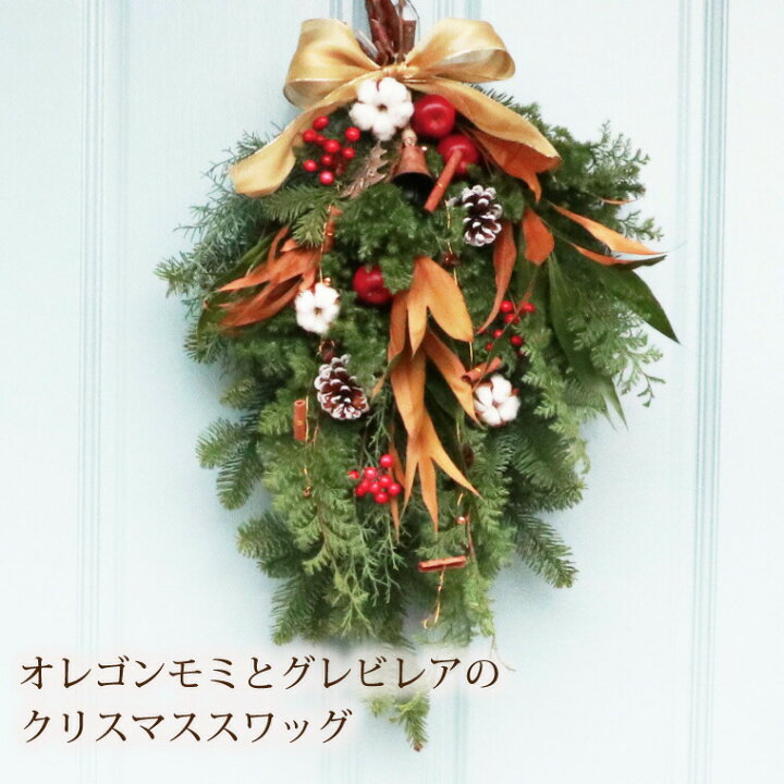 楽天市場 あす楽16時まで クリスマス スワッグ 玄関 フレッシュ モミ とグレビレアの クリスマススワッグ 生 リース 大きい 生花 おしゃれ 北欧 ナチュラル 玄関飾り 屋外 手作り クリスマスプレゼント ギフト 贈り物 オレゴン Led オプションあり 雑貨