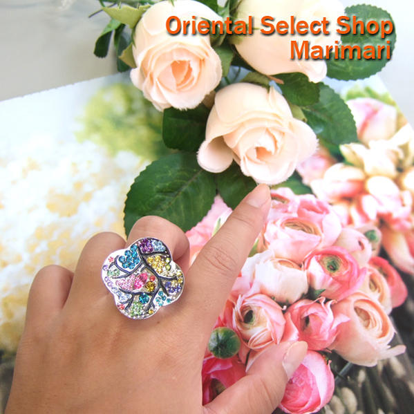 コスチュームリング　指輪着物パーティーに和柄ALL水晶スワロシルバー×パステルMIXフリーサイズ | Oriental Select Shop マリマリ