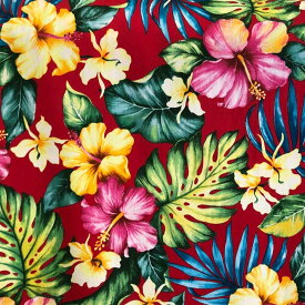 【15日 全商品 ポイント 2倍】 ハワイアン生地【端切れ 1m】 レッド ハイビスカス ホワイトジンジャー コットン100％ 綿 布 パウスカート生地 カーテン生地 ベットカバー生地 ハワイ 花 植物 おしゃれ 裁縫 ハンドメイド おすすめ