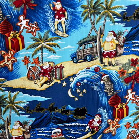【15日 全商品 ポイント 2倍】 ハワイアン生地 波乗りサンタ サンタクロース サーフィン ブルー パウスカート生地 カーテン生地 ベットカバー生地 おしゃれ かわいい おススメ クリスマス サンタ トナカイ プレゼント ギフト コットン100%