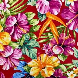 【15日 全商品 ポイント 2倍】 ハワイアン生地 トロピカルフラワー レッド パウスカート生地 カーテン生地 ベットカバー生地 おしゃれ かわいい おススメ 裁縫 プレゼント ギフト 綿 コットン 100% 花柄 ハワイ HAWAII トロピカル 柔らかい 布 おすすめ