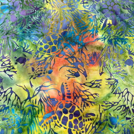 【15日 全商品 ポイント 2倍】 ハワイアン生地 バティック柄 グリーン ホヌ サンゴ ろうけつ染め 手染め 海亀 パウスカート生地 カーテン生地 ベッドカバー生地 綿 コットン 100% ハワイ HAWAII トロピカル 布