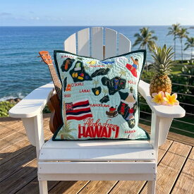 【18日 全商品 ポイント 2倍】 ハワイアンキルト クッションカバー ハワイ諸島 地図柄 マップ ミントブルー 46cm×46cm ハワイ オアフ島 ポリコットン ファスナー開閉式 ハンドメイド ハワイアン インテリア 南国 海 リゾート 雑貨 模様替え プレゼント