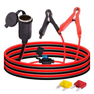 【送料無料】自動車シガー延長ケーブル 15A 16AWGワイヤー 12V / 24V 中くらいワニ口クリップ to シガーソケットケット延長ケーブル + 10A/20A ヒューズ 車の掃除機 冷蔵庫 周波数変換器 空気清浄機