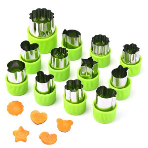 【送料無料】YACHUN クッキー 型抜き 12個セット 多角形 星型 型抜きお弁当 キャラ弁 ご飯型 果物 野菜カッター ステンレス製 DIY手作り 製菓用品 保護キャップ付き 傷防止 初心者に最適(グリ