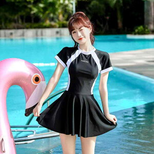 ワンピース 水着 スカート レディース 袖あり 体型カバー 水着 韓国系 黒 ユニフォーム風 運動 スポーツ 大人可愛い きれいめ ワンピ 水着 女性用 オールインワン 半袖 ショートパンツ キュ