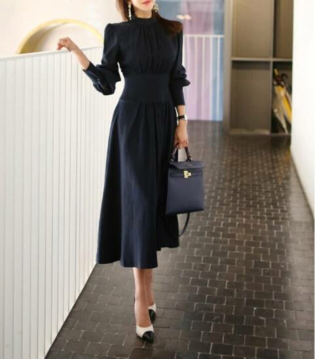 楽天市場 パーティードレス ワンピースドレス きれいめ ワンピース ワンピース 女子会 食事会 スタンドカラー ランタンスリーブ ミモレ丈 ネイビー代 30代 40代 大きいサイズ 新作 Marmelo Sunnyday