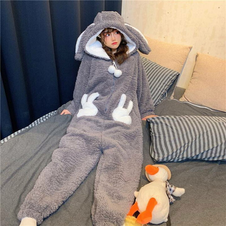 楽天市場 ルームウェア レディース もこもこ 秋 冬 パジャマ かわいい 部屋着 寝巻き ナイトウェア ホームウェア モコモコ 前開き ワンピース ジャンプスーツ フーディー うさぎ パンツ 暖かい 防寒 着ぐるみ フリース ボア コスプレ キュート ラブリー 可愛い ウサギ 耳