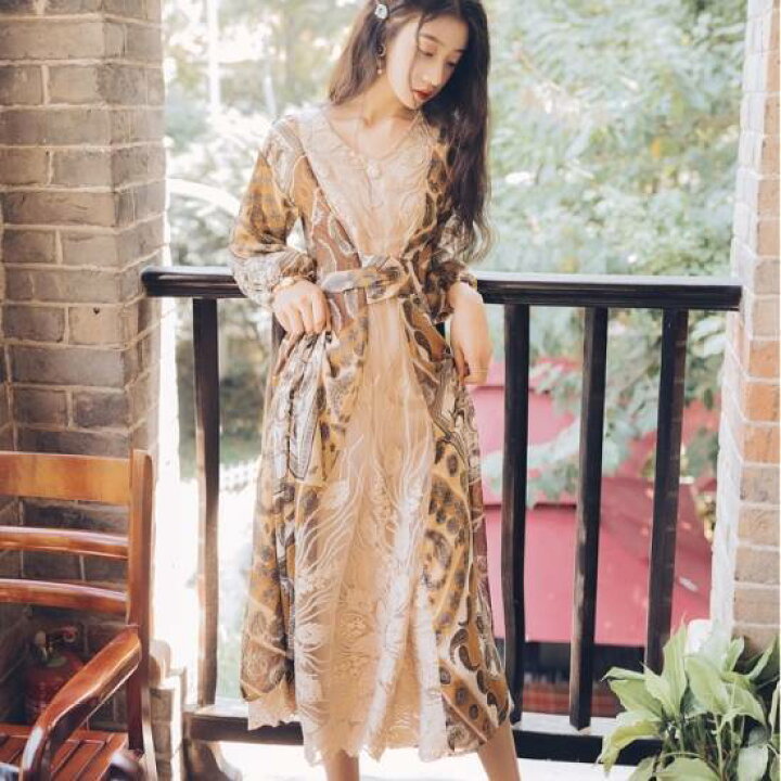 楽天市場 パーティードレス ワンピース ドレス 結婚式 お呼ばれ 切り替え レース レトロ 花柄 長袖 春 秋 10代 代 30代 ブラウン 二次会 大人可愛い きれいめ おしゃれ 個性的 エスニック 韓国 Marmelo Sunnyday