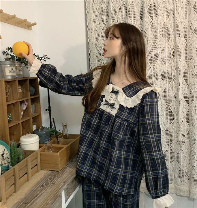 楽天市場 パジャマ レディース 上下セット チェック柄 かわいい おしゃれ レース ルームウェア 寝巻き 部屋着 ホームウェア 10代 代 春 秋 冬 フリル リボン 長袖 綿 ガーリー 青 ネイビー セットアップ パンツ 大人可愛い 紺 韓国 ファッション お泊まり 旅行 個性的