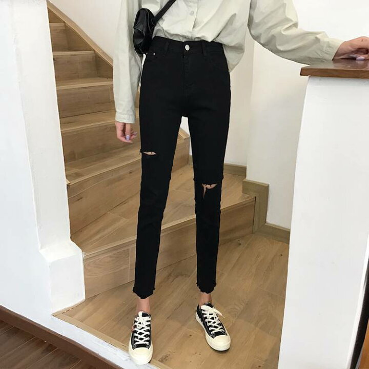 楽天市場 デニムパンツ ブラック デニム パンツ ダメージ 穴あき ボトムス ズボン レディース ジーパン スキニー スリム 春 秋 10代 代 30代 40代 ストレッチ クロップド 9分丈 ダメージドデニム 細身 タイト クラッシュド 黒 無地 カジュアル パンツ コーデ Gパン
