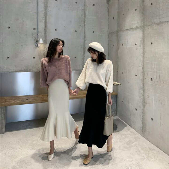 楽天市場 ニットスカート ミモレ丈 マーメイド スカート ボトムス レディース リブ ニット フィッシュテール 春 秋 冬 10代 代 30代 きれいめ コーデ おしゃれ 無地 フレア ハイウエスト 白 ホワイト ベージュ ブラック 黒 美脚 美スタイル 大人可愛い 韓国