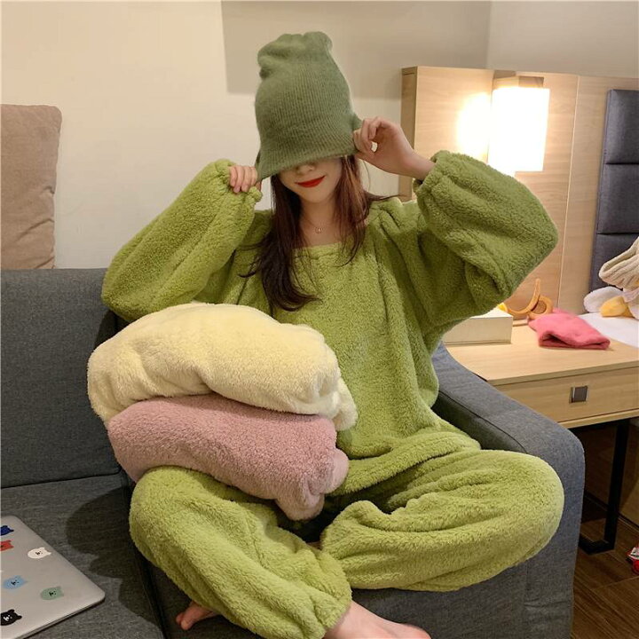 楽天市場 モコモコ ルームウェア レディース もこもこ かわいい 上下セット 秋冬 無地 パジャマ 寝巻き 部屋着 ホームウェア フリース 温かい 2way オフショル 暖かい シンプル カジュアル ラフ ゆったり 楽ちん セットアップ パンツ グリーン ピンク 黄色 イエロー 緑
