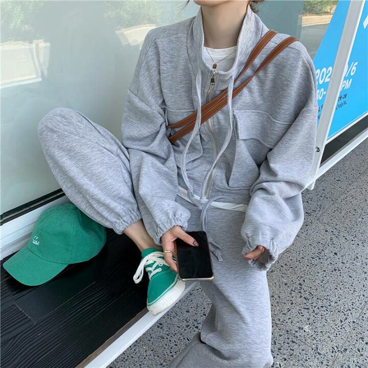 楽天市場 セットアップ レディース 上下セット グレー かっこいい おしゃれ 大人可愛い プルオーバー ジャージ スウェット パンツ ツーピース ジョガーパンツ スポーティー 長袖 パーカー フード無 無地 ランニング ヨガ ウェア ゆったり 楽ちん お家 コーデ 学生 通学