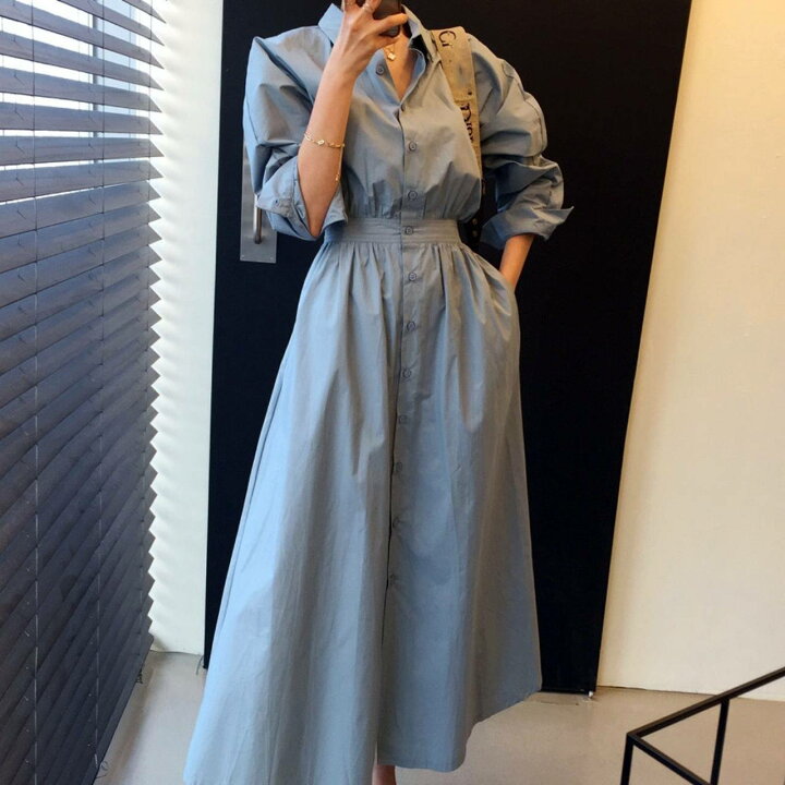 楽天市場 3色 ワンピース レディース ロング ロングスカート シャツワンピース おしゃれ 大人可愛い 長袖 個性的 エレガント きれいめ ゆったり オーバーサイズ 襟つき シンプル ボタン 華やか レトロ スタイリッシュ カーキ ライトブルー ネイビー ベージュ 水色 紺
