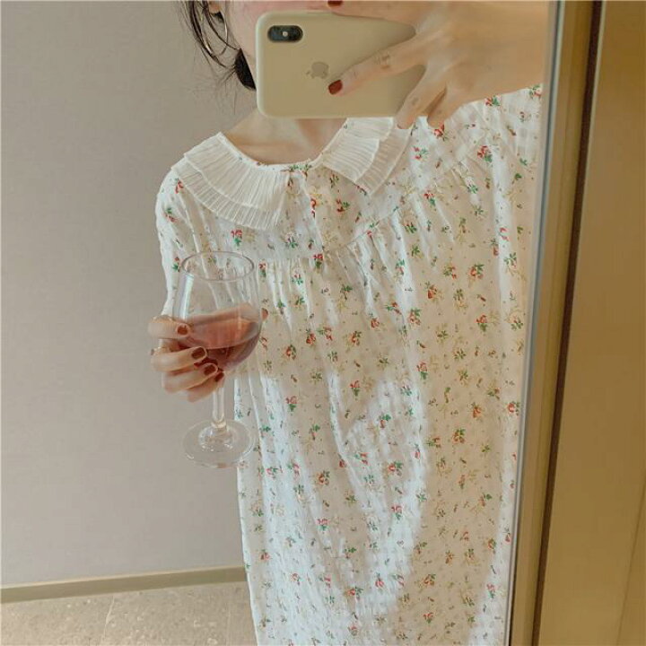 楽天市場 ルームウェア レディース 可愛い ワンピース パジャマ レディース 女の子 かわいい 半袖 春 夏 部屋着 寝巻き ワンピース ボリューム袖 ゆったり シフォン フリル 襟 花柄 ガーリー 大人可愛い 体型カバー 春 夏 白 ホワイト 小花柄 ナイトウェア ホームウェア