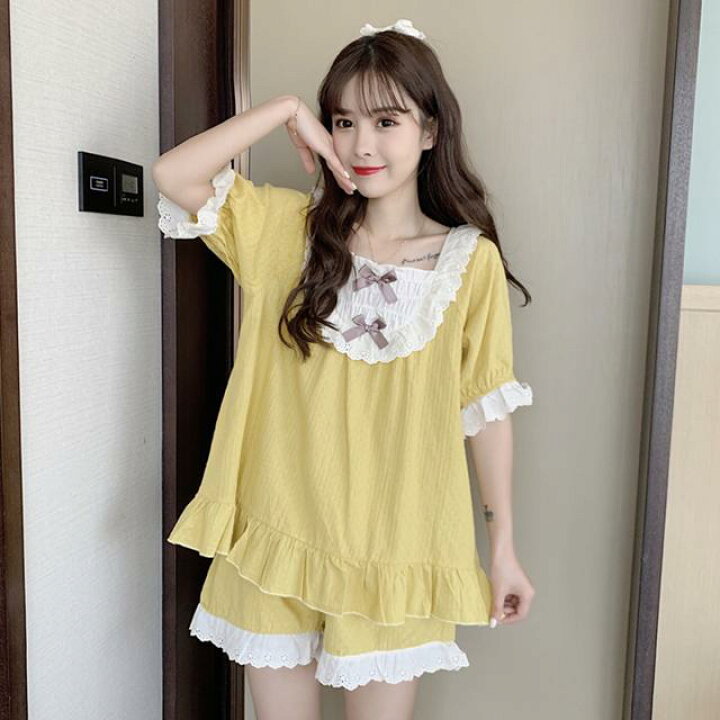 楽天市場 2色 ルームウェア レディース 可愛い 上下セット ショートパンツ パジャマ レディース 女の子 かわいい 半袖 春 夏 部屋着 寝巻き 上下セット ツーピース セットアップ 綿 半袖 襟 スクエアネック ショートパンツ 無地 フリル レース リボン 大人可愛い 春 夏