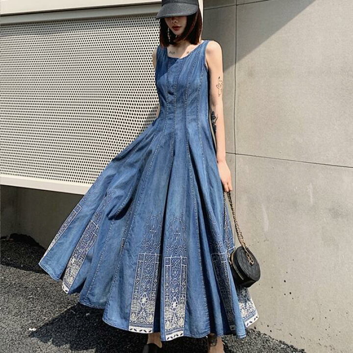 楽天市場 デニムワンピース ロング ワンピース レディース デニム おしゃれ エスニック きれいめ 大きいサイズ Xl 2xl 3xl ラウンドネック ノースリーブ 刺繍 体型カバー 春 夏 秋 大人カジュアル ワンピース コーデ ミモレ丈 フレア ハイウエスト 個性的 アジアン