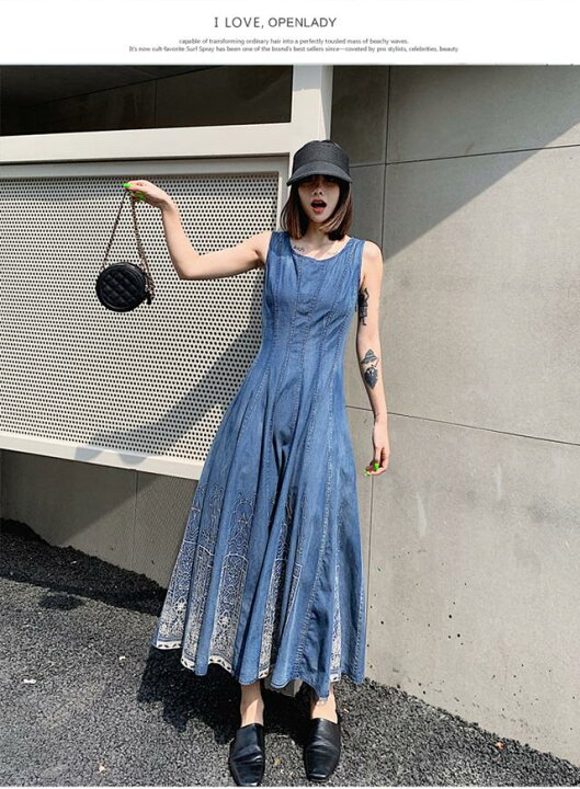 楽天市場 デニムワンピース ロング ワンピース レディース デニム おしゃれ エスニック きれいめ 大きいサイズ Xl 2xl 3xl ラウンドネック ノースリーブ 刺繍 体型カバー 春 夏 秋 大人カジュアル ワンピース コーデ ミモレ丈 フレア ハイウエスト 個性的 アジアン