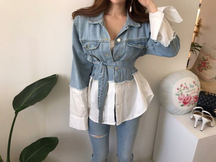 楽天市場 デニム シャツ レディース トップス ブラウス デニム ジャケット 重ね着風 長袖 切り替え デザイン 異素材mix かっこいい きれいめ おしゃれ トップス コーデ 春 夏 秋 白シャツ 個性的 デニム 無地 カジュアル セレブ ラフ感 こなれ感 大人カジュアル シャツ