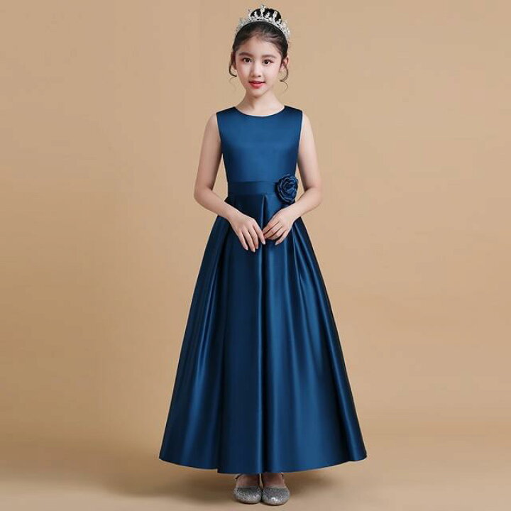 楽天市場 4色 子供 ドレス ロング マキシ丈 大人っぽい シンプル 無地 キッズドレス ピアノ 発表会 女の子 ドレス ロングドレス 結婚式 フォーマル フレア ノースリーブ 花 バラ Aライン サテ風 シルク風 上品 おしゃれ 青 赤 紫 100 110 1 130
