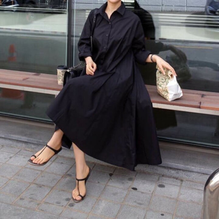 楽天市場 2色 ワンピース レディース ロング シャツ ワンピ フレア 長袖 オーバーサイズ トップス かっこいい シンプル 黒 白 無地 シャツ ワンピース ロングワンピース ミモレ丈 大人 カジュアル コーデ 前開き ボタン 襟付き レトロ ラフ ルーズ クール ゆったり