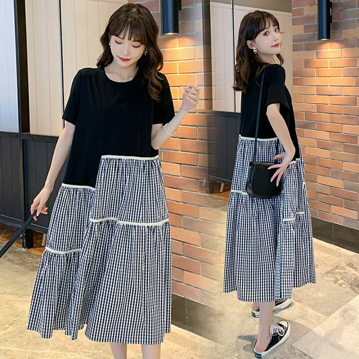 楽天市場 ワンピース レディース ミモレ丈 黒 半袖 ギンガムチェック ワンピ アシンメトリー 大人可愛い 大きいサイズ カジュアル コーデ 夏 ワンピース マタニティ フレア ティアード ゆったり 楽ちん M L Xl 2xl お出かけ 着回し Aライン 袖あり ブラック ワンピース