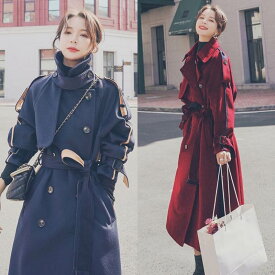 2色 アウター コート トレンチコート レディース ロングコート 秋 冬 ネイビー ワインレッド 襟付き ボタン ダブルブレスト 長袖 ポケット ウエストベルト シンプル カジュアル きれいめ 大人 上品 かわいい おしゃれ 大人女子 大人カジュアル クール 大人可愛い S M L 10代