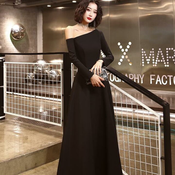 楽天市場 一部即納 パーティードレス ロング 黒 長袖 おしゃれ かっこいい 結婚式 お呼ばれ ドレス ロングドレス 演奏会 発表会 大きいサイズ フォーマル ワンショルダー アシンメトリー シンプル コンサート ドレス ワンピース ロング 二次会 サテン風 フレア Aライン