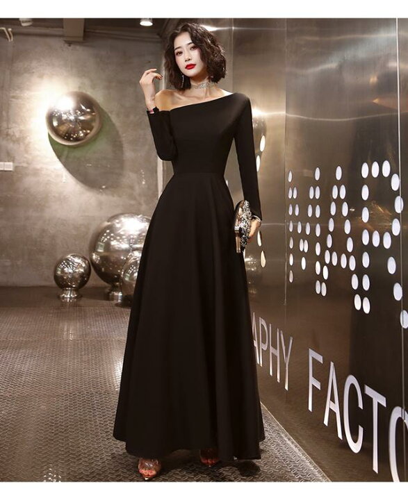 楽天市場 パーティードレス ロング 黒 長袖 おしゃれ かっこいい 結婚式 お呼ばれ ドレス ロングドレス 演奏会 発表会 大きいサイズ フォーマル ワンショルダー アシンメトリー シンプル コンサート ドレス ワンピース ロング 二次会 サテン風 フレア Aライン 代 30代
