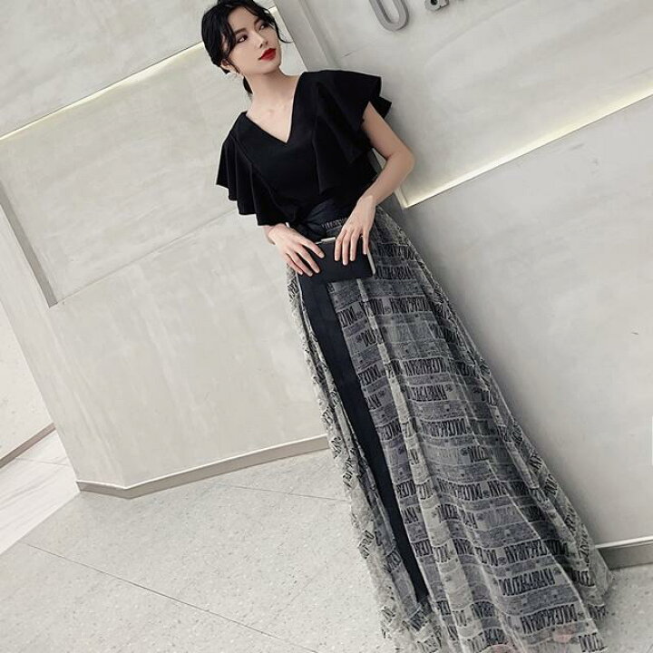 楽天市場 パーティードレス ロング 黒 半袖 おしゃれ かっこいい 結婚式 お呼ばれ ドレス ロングドレス 演奏会 発表会 大きいサイズ フォーマル 個性的 二の腕カバー バイカラー きれいめ クール フレンチスリーブ フレア Vネック Aライン 代 30代 40代 50代 二次会