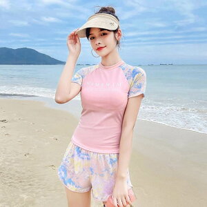 2色 水着 上下セット ラッシュガード スポーツ水着 フィットネス 半袖 通気性 伸縮性 ショートパンツ マニッシュ ガーリー 可愛い スポーティー メッシュ 体型カバー 韓国 セパレート 水着