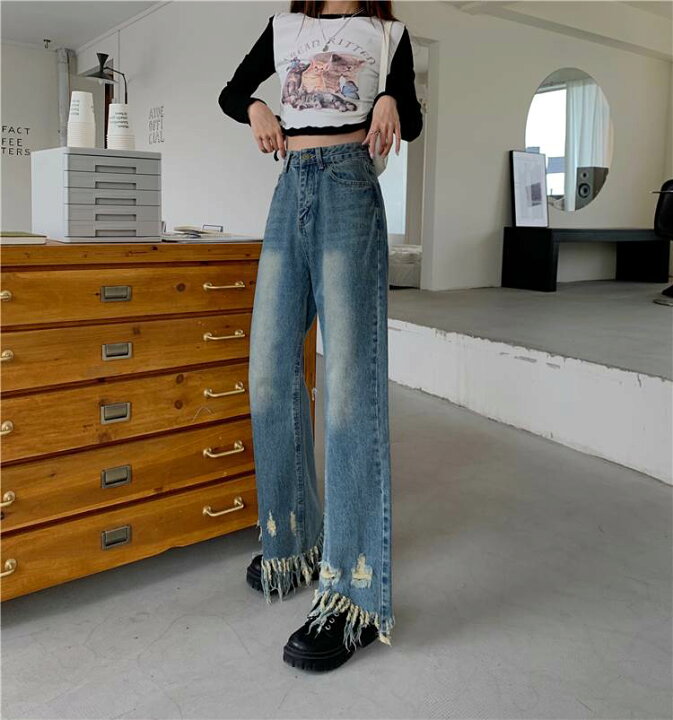 デニムパンツ ジーパン ジーンズ カットオフデニム 切りっぱなし ワイド フリンジ ヘム 青 ブルーデニム ズボン レディース ボトムス かっこいい ハイウエスト レトロ 韓国 ファッション ウエスタン風 ダメージ 穴あき 春 夏 秋 冬 10代 20代 30代 ママ OL 学生 ... 人気★デニム ジーパン 破れジーンズ ワイドパンツ イレギュラー レトロデザイン