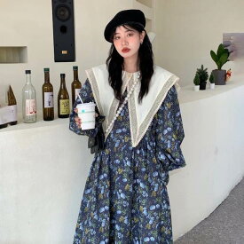 ロングワンピース 花柄 ビックカラー レトロ 可愛い 個性的 フレア ワンピース ドレス ミモレ丈 レース 襟付き 長袖 ロングスカート ガーリー ゆったり 華やか カワイイ プリティ 上品 大人女子 レディース バイカラー 小花柄 フラワー おしゃれ 春 夏 スプリング サマー ブ