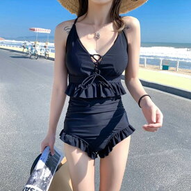 2色 水着 モノキニ ワンピース 無地 キュート セクシー 華やか ラブリー フリル ミニ ショート丈 可愛い 体形カバー 大人 お姉さん イイ女 スタイルアップ モテ レディース ブラック オレンジ 黒 M L XL 2XL 夏 サマー リゾート バカンス 海 プール 旅行 スイム スイムウェア