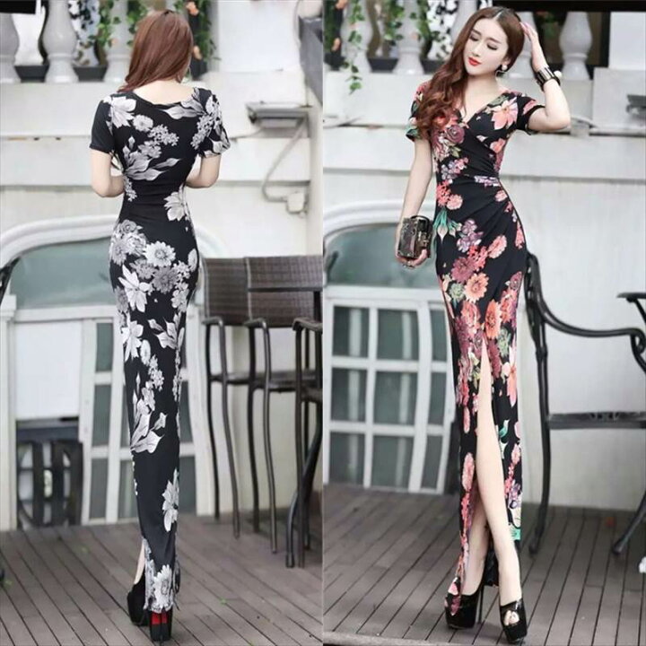楽天市場 キャバ ドレス ワンピース ロング スリット 花柄 半袖 露出 派手 Vネック タイト レディース ボタニカル フラワー柄 カシュクール 細身 カジュアル パーティードレス ワンピドレス レッド ホワイト ブラック 赤 白 黒 セクシー おしゃれ 可愛い キャバクラ 細身