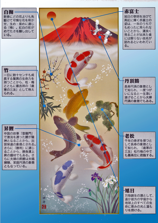 鯉　掛け軸　功舟 楽天市場】掛け軸 床の間縁起開運 紅峰五鯉躍勝運図（瀬田 功舟