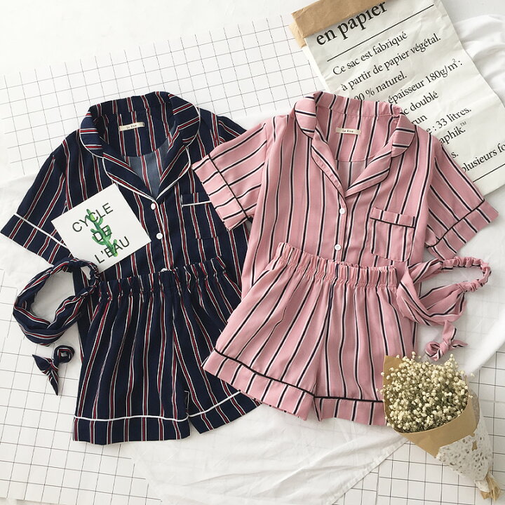 楽天市場 送料無料 パジャマ ナイトウェア ルームウェア 部屋着 寝間着 韓国ファッション おうちコーデ お家コーデ パジャマパーティー 半袖 半ズボン 短パン 可愛い オルチャン ストライプ チェック 双子コーデ レディース ピンク ネイビー S M L レディースマロン