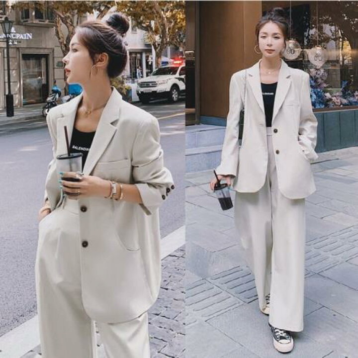 楽天市場】セットアップ レディース 韓国 カジュアル 私服 パンツ スーツ ジャケット フォーマル オフィス 2点セット ツーピース 無地 Vネック  春 秋 長袖 可愛い 上下セット きれいめ テーラードジャケット ワイドパンツ ワイドレッグ ゆったりめ 体型カバー ホワイト ...
